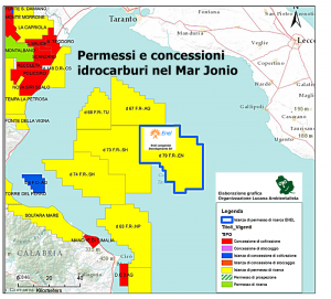 Mappa concessioni e permessi per ricerche idrocarburi nello Ionio